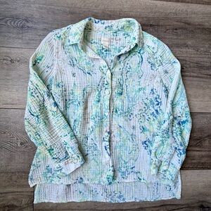 Chico's 100% Cotton Lightweight Gauzy Watercolor Button Down Top Loungewear